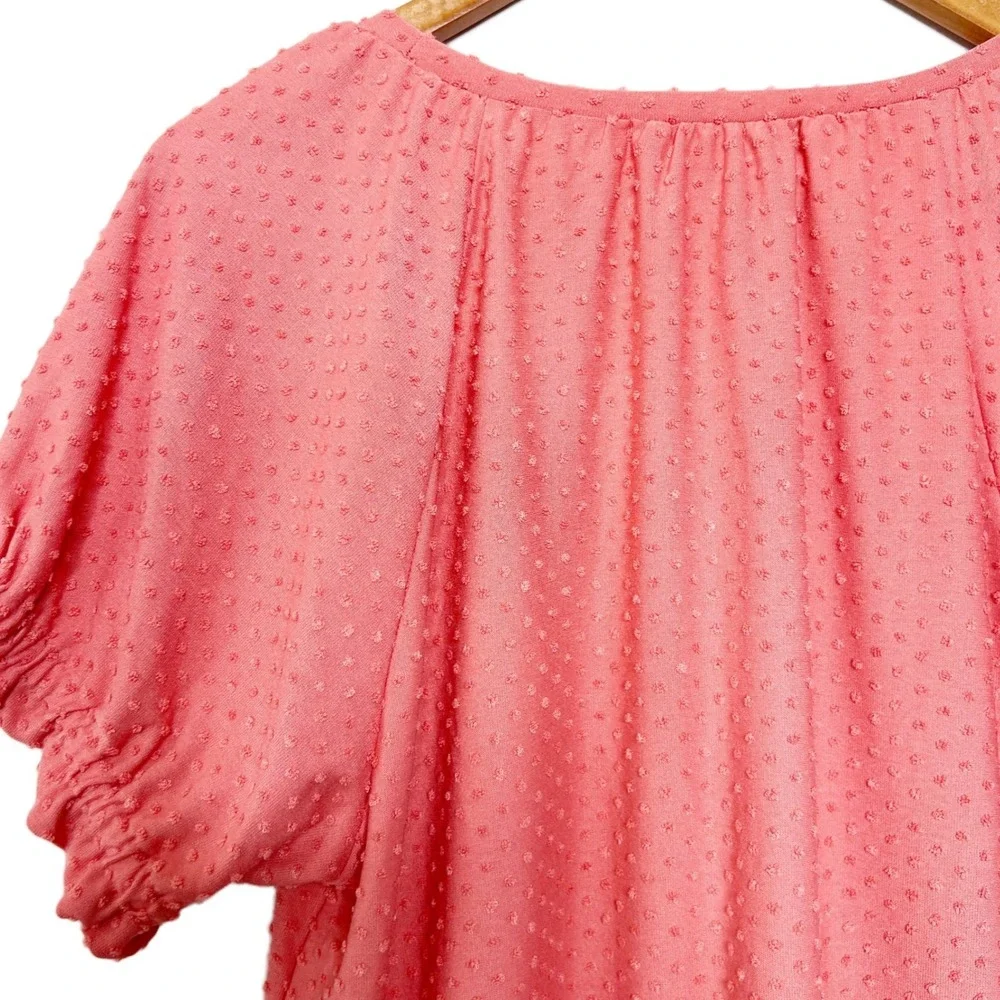 LOFT NWT Women Coral Pink Swiss Dot Short‎ Puff Sleeve Blouse Top Size M